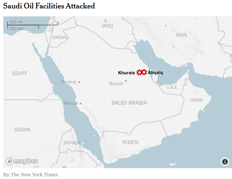沙烏地阿拉伯國家石油公司(Saudi Aramco)宣稱其位於東部省阿布蓋格(Abqaiq)與胡賴斯(Khurais)兩處之煉油設施遭受無人機攻擊