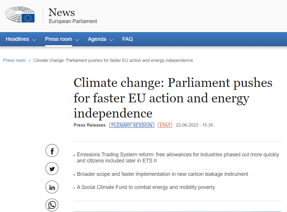 歐盟議會通過碳排放交易機制修訂、碳邊境調整機制及社會氣候基金等計畫，後續將與各成員國進行談判