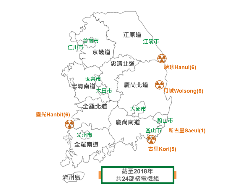 南韓核電機組地理位置 (詳如內文所述)